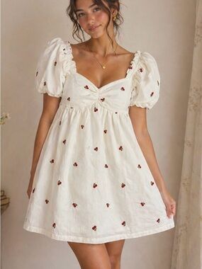 Altar’d State Sweetheart Puff-Sleeve Mini Dress Smock Back w/ Cherry Embroidery